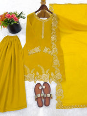 Stylish Purple Faux Georgette Embroidery Work Palazzo Suit