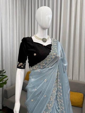 Exclusive Eye-Catching Blue Fendy Silk Beds Work Saree