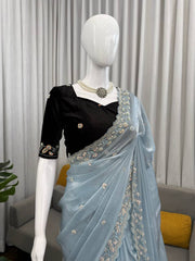 Exclusive Eye-Catching Blue Fendy Silk Beds Work Saree