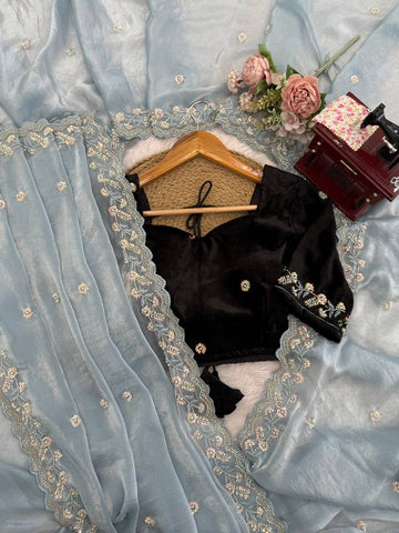Exclusive Eye-Catching Blue Fendy Silk Beds Work Saree