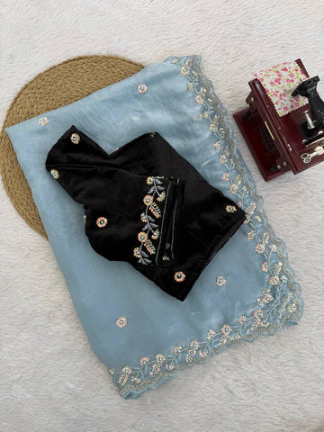 Exclusive Eye-Catching Blue Fendy Silk Beds Work Saree