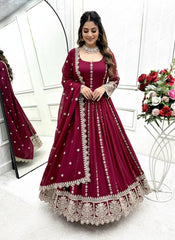 Alluring Maroon Blooming Georgette Embroidered Gown