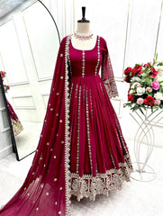 Alluring Maroon Blooming Georgette Embroidered Gown