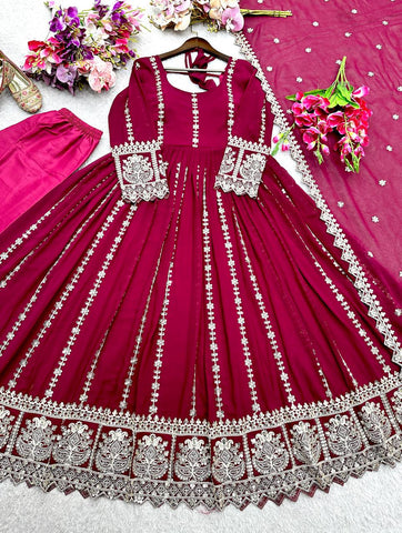 Alluring Maroon Blooming Georgette Embroidered Gown
