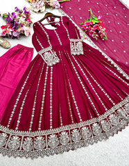 Alluring Maroon Blooming Georgette Embroidered Gown