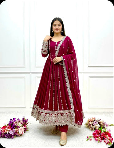Alluring Maroon Blooming Georgette Embroidered Gown