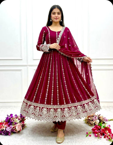 Alluring Maroon Blooming Georgette Embroidered Gown