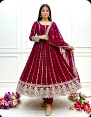 Alluring Maroon Blooming Georgette Embroidered Gown