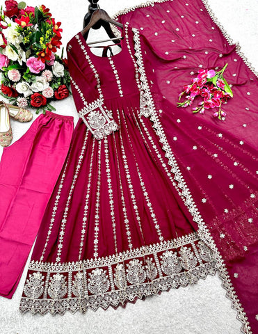 Alluring Maroon Blooming Georgette Embroidered Gown