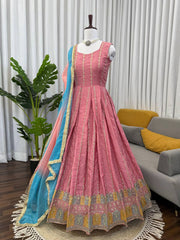 Graceful Pink Chinon Silk Thread Work Anarkali