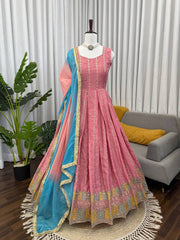 Graceful Pink Chinon Silk Thread Work Anarkali