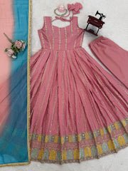 Graceful Pink Chinon Silk Thread Work Anarkali