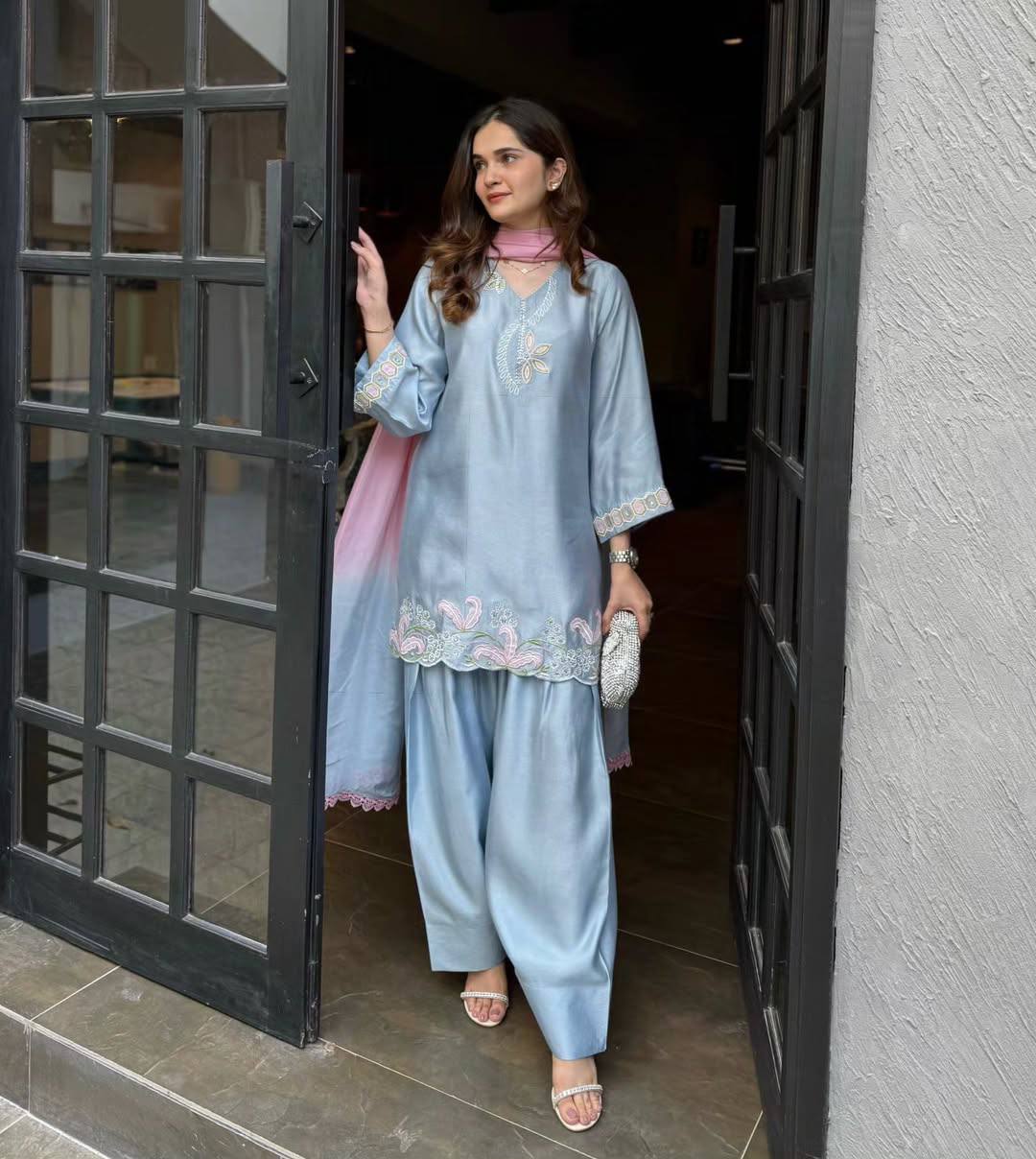 Stylish Blue Satin Silk with Embroidery Work Sharara Suit