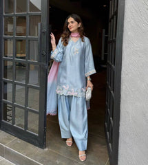 Stylish Blue Satin Silk with Embroidery Work Sharara Suit