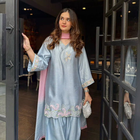 Stylish Blue Satin Silk with Embroidery Work Sharara Suit