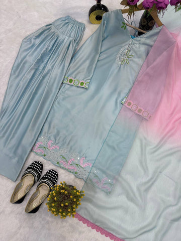 Stylish Blue Satin Silk with Embroidery Work Sharara Suit