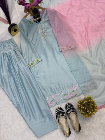 Stylish Blue Satin Silk with Embroidery Work Sharara Suit