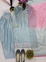 Stylish Blue Satin Silk with Embroidery Work Sharara Suit
