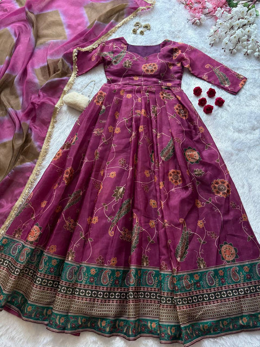 Gorgeous Purple Organza Digital Printed Anarkali Gown