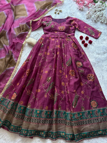 Gorgeous Purple Organza Digital Printed Anarkali Gown