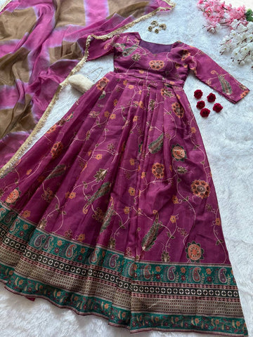 Gorgeous Purple Organza Digital Printed Anarkali Gown