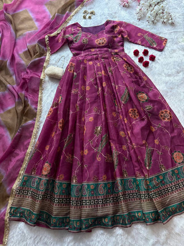 Gorgeous Purple Organza Digital Printed Anarkali Gown