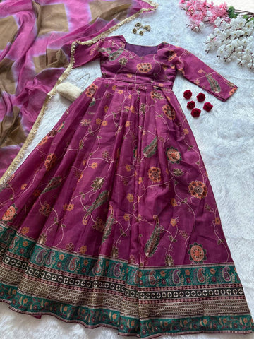 Gorgeous Purple Organza Digital Printed Anarkali Gown