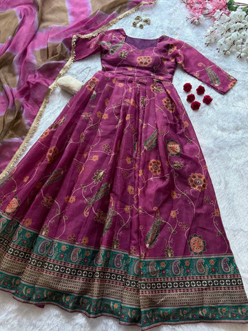 Gorgeous Purple Organza Digital Printed Anarkali Gown