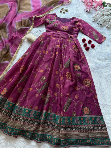 Gorgeous Purple Organza Digital Printed Anarkali Gown