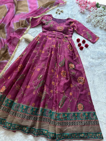 Gorgeous Purple Organza Digital Printed Anarkali Gown
