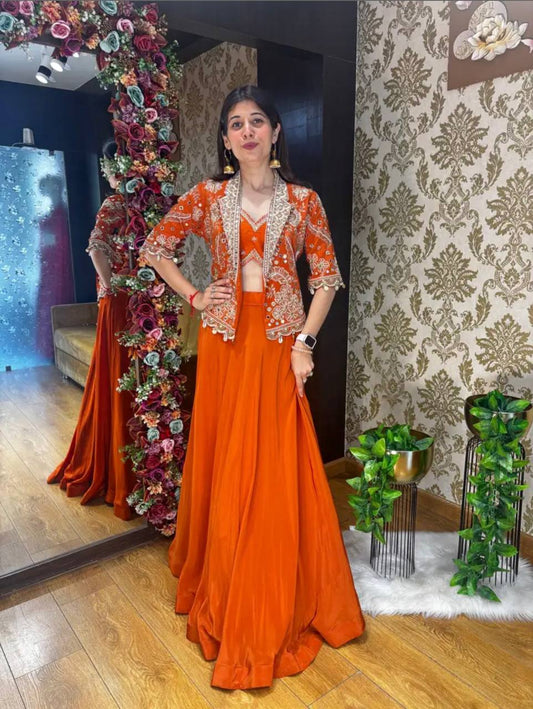Gorgeous Orange Heavy Rangoli Silk Embroidery Lehenga