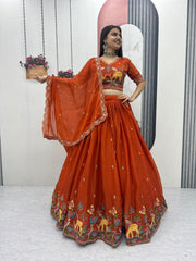 Lovely Orange Moss Simar Heavy Embroidery Lehenga