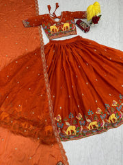 Lovely Orange Moss Simar Heavy Embroidery Lehenga