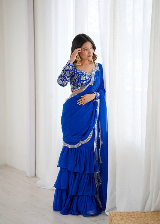 Outstanding Pattern and Work Ruffle Saree