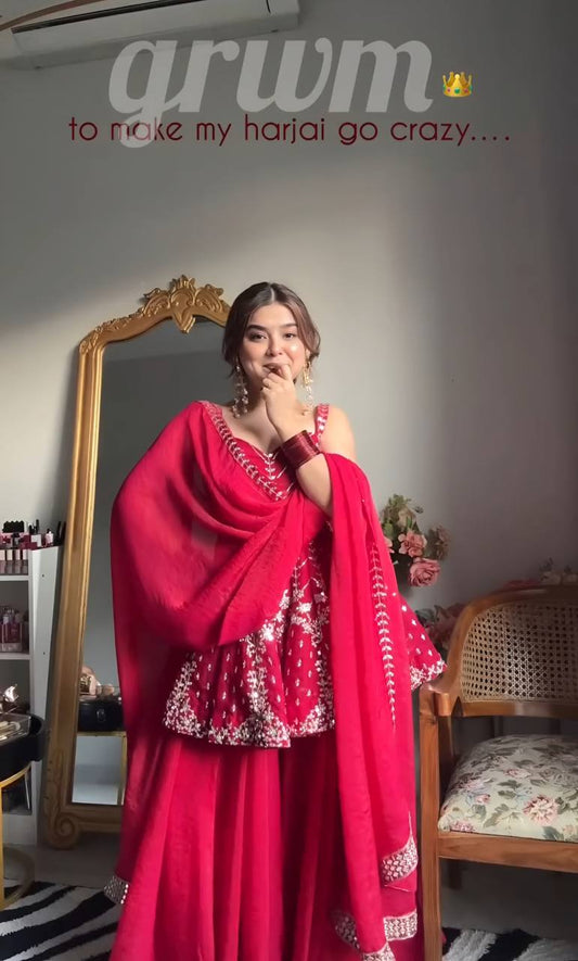 Lovely Pink Faux Blooming Embroidered Sharara Suit