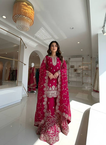 Party Wear Red Silk with Embroidery Work Sharara Suit