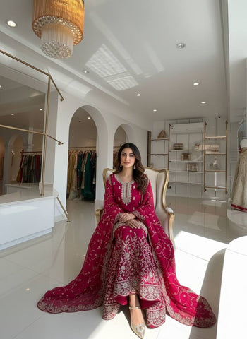 Party Wear Red Silk with Embroidery Work Sharara Suit