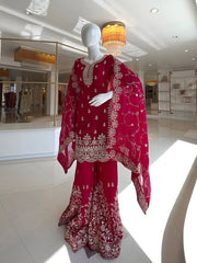Party Wear Red Silk with Embroidery Work Sharara Suit