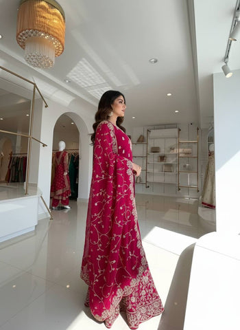 Party Wear Red Silk with Embroidery Work Sharara Suit