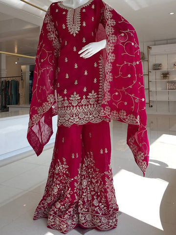 Party Wear Red Silk with Embroidery Work Sharara Suit