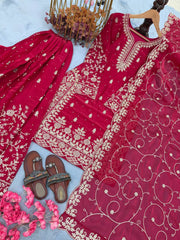 Party Wear Red Silk with Embroidery Work Sharara Suit