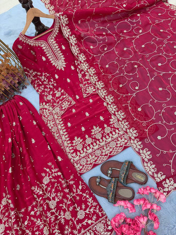 Party Wear Red Silk with Embroidery Work Sharara Suit