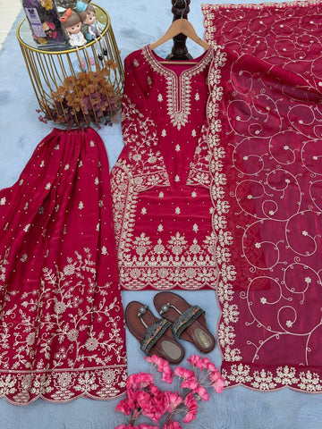 Party Wear Red Silk with Embroidery Work Sharara Suit
