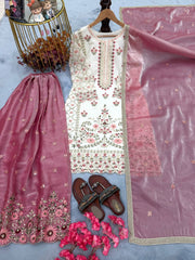 Charming Pink Silk Embroidered Palazzo Suit