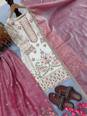 Charming Pink Silk Embroidered Palazzo Suit