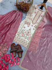 Charming Pink Silk Embroidered Palazzo Suit