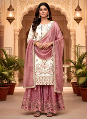 Charming Pink Silk Embroidered Palazzo Suit