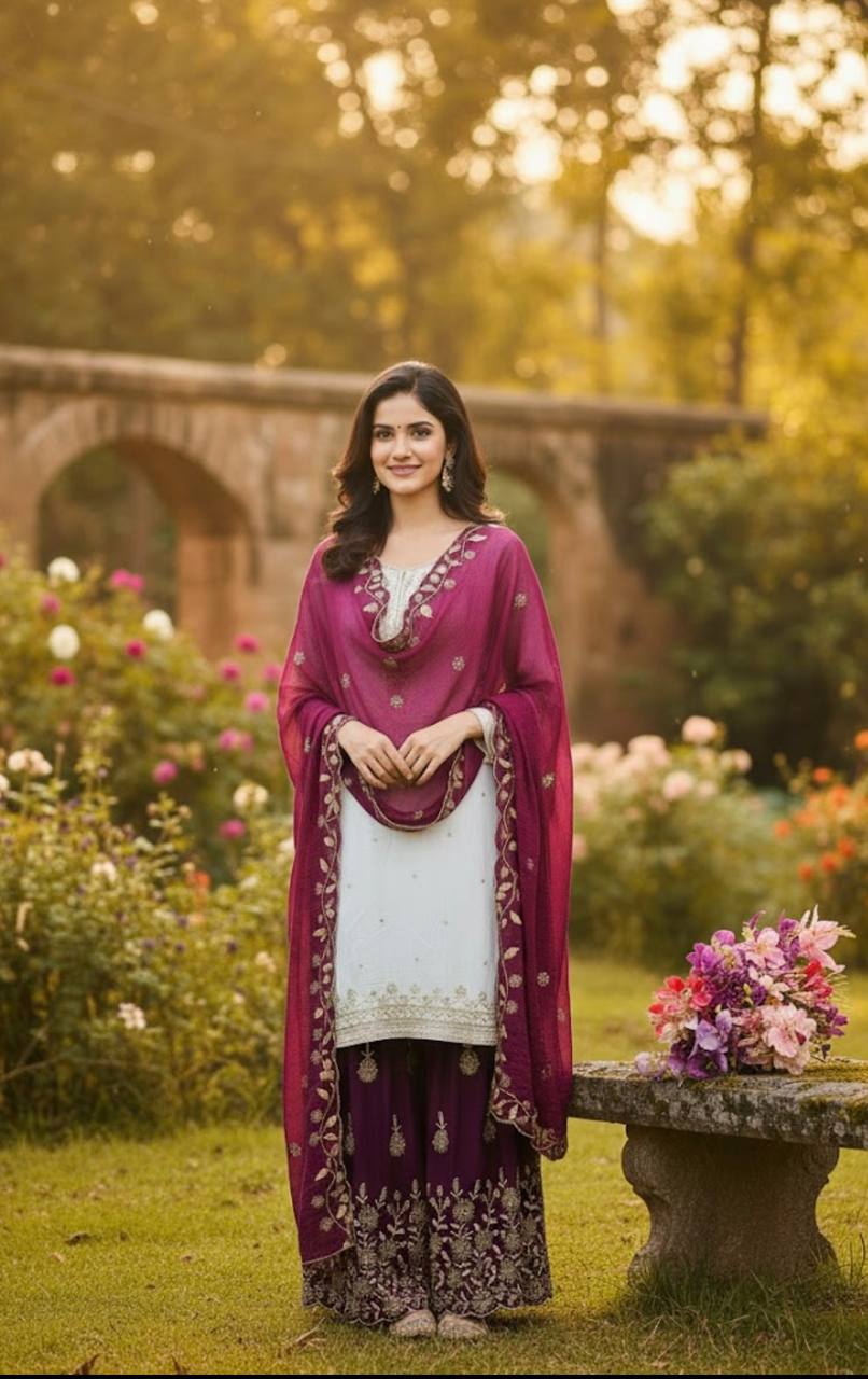 Wine and White Silk Embroidery Work Sharara Suit
