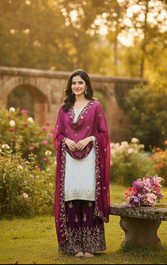 Wine and White Silk Embroidery Work Sharara Suit