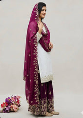 Wine and White Silk Embroidery Work Sharara Suit